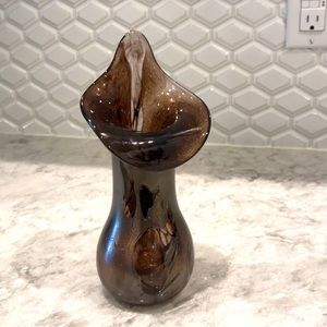 Blown glass vase. Brown, silver, and clear. 8” tall